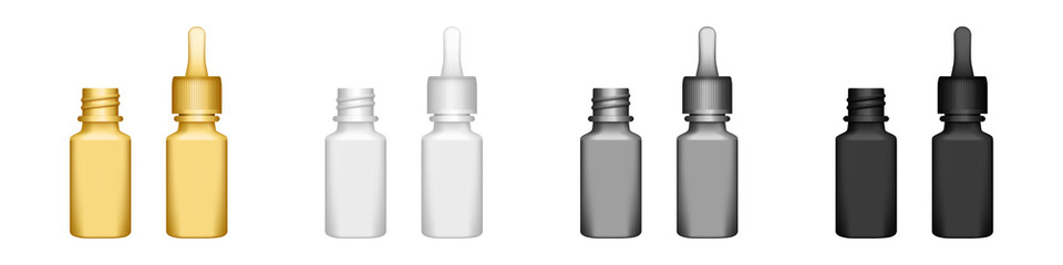 Set of realistic plastic bottles with dropper on white background