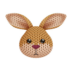 Illustration of a funny knitted rabbit toy head. On white background