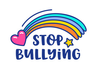 Stop Bullying Banner with Rainbow, Heart and Star Isolated on White background. Bully Free Zone Sign, Colorful Symbol for Internet Social Network and Online Teenage Society Cartoon Vector Illustration