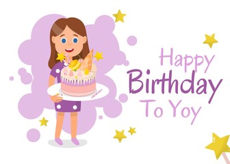 Greeting Banner. Happy Birthday to You. Cartoon Girl Character Holding Festive Cake Decorated Waffle Cone, Macaroon and Cream Topping. Stars and Sweet Pink Bubbles Design. Vector Flat Illustration