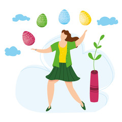 Modern vector illustration of cute tiny people dance and celebrate with Easter eggs. Happy april holidays. Concept for postcard, web site.