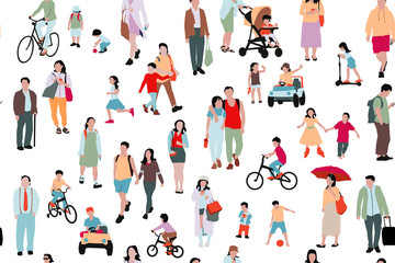 Crowd of people  illustration, seamless pattern of kids, men and women - 327399473