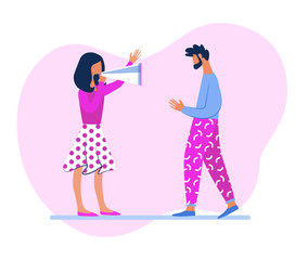 Scene Shoot in Entertainment Industry. Television Show Production. Woman Director or Producer Holding Megaphone Controlling Movie Making Process with Actor Play Role Cartoon Flat Vector Illustration