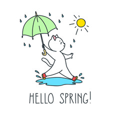 Hello spring! Doodle illustration of a happy cat with an umbrella jumping over a puddle in rain. Vector 8 EPS.