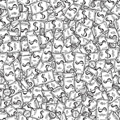 Money Vector Seamless pattern. Hand Drawn doodle Dollar Banknotes and Coins. Money Heap background. Black and white illustration