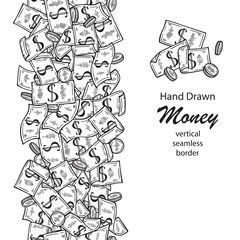 Money vertical Seamless wide Border. Vector Set of Money. Hand Drawn doodle Dollar Banknotes and Coins. Money Heap stripe. Black and white illustration