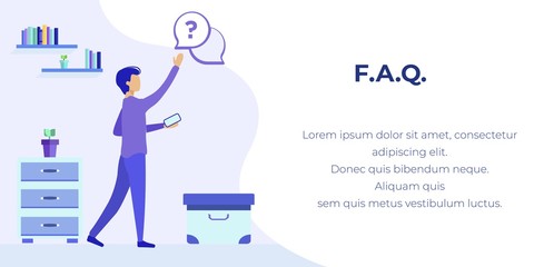 FAQ Service Advertising Text Banner. Mobile Frequently Asked Questions Support Application. Cartoon Man Holding Phone and Asking for Help Online. Flat Home Interior. Vector Metaphor Illustration