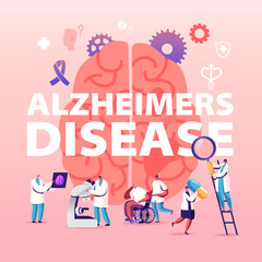 Alzheimer Disease Concept. Tiny Doctors Walking around of Huge Human Sick Brain, Purple Ribbon. Senior People Dementia and Memory Loss Poster Banner Flyer Brochure. Cartoon Flat Vector Illustration
