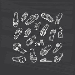 Chalk Shoes Vector Set. Hand drawn doodle female, male and children's House Slippers