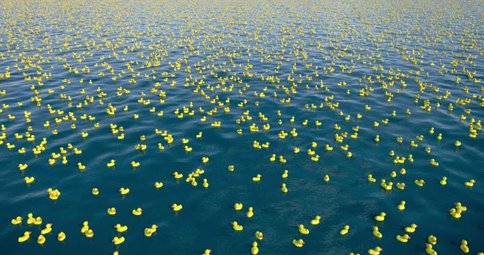 Thousands of rubber ducks in the ocean, 3D animation