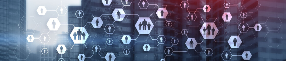 Human resources theme with downtown Hong-Kong skyline buildings.