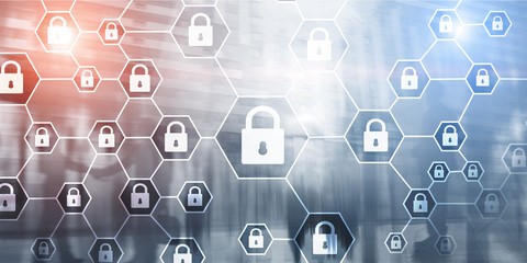 Corporate Security. Business protection. Locks on the virtual screen.
