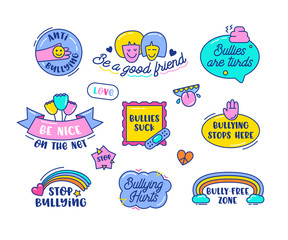 Anti Bullying Icons Set Isolated on White Background. Colorful Banners and Badges with Doodle Elements, Hand Written Typography. Rainbow Stickers. Friendship in Internet Cartoon Vector Illustration
