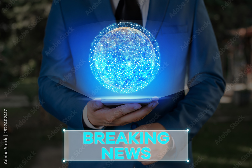 Poster writing note showing breaking news. business concept for newly received info about an event and curr