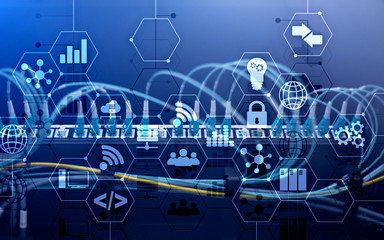 Abstract Internet digital technology concept server rack room background.