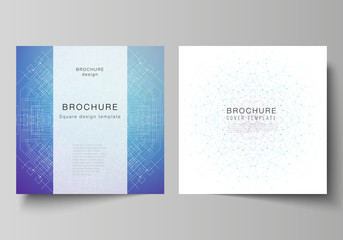Minimal vector illustration layout of two square format covers design templates for brochure, flyer, magazine. Big Data Visualization, geometric communication background with connected lines and dots.