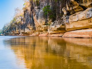 Stunning stone formations reflected on Manambolo river, Tsingy de Bemaraha Strict Nature Reserve,...