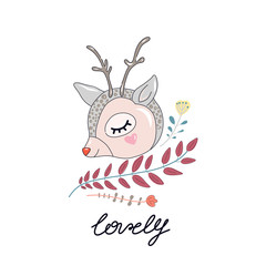 Cute muzzle deer with small horns and beautiful twigs of plants, print for deco decorating clothes or cards, posters and prints. Flat design in Scandinavian style.