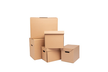 Five cardboard boxes isolated on white background. Empty space for your design.