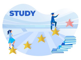 Study Banner Promote Five Graduation Stage. Metaphor Cartoon with Student Going up Golden Stars. Books Stack. Education, Knowledge and Information. Online Learning. Vector Flat Illustration