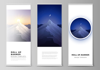 The vector illustration layout of roll up banner stands, vertical flyers, flags design business templates. Mountain illustration, outdoor adventure. Travel concept background. Flat design vector.