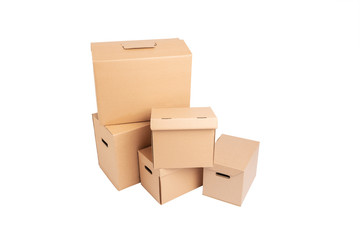 Five cardboard boxes isolated on white background. Empty space for your design.