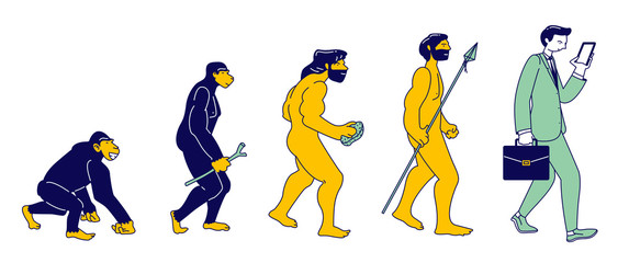Human Evolution of Monkey to Modern Business Man with Smartphone Isolated. Male Character Evolve Steps From Ape to Upright Homo Sapiens, Darwin Theory. Cartoon Flat Vector Illustration, Line Art © Pavlo Syvak