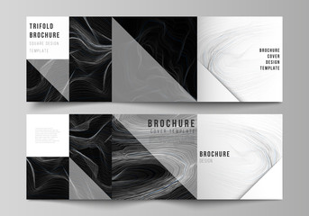 The black colored minimal vector illustration layout. Modern creative covers design templates for trifold square brochure or flyer. Smooth smoke wave, hi-tech concept black color techno background.