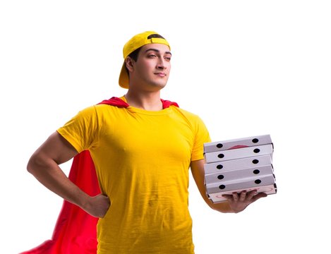 Super Hero Pizza Delivery Guy Isolated On White