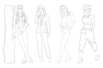 Contour image of girls for coloring. Vector image isolated on white background.