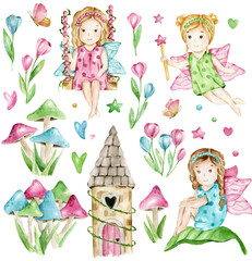 Obraz na płótnie Canvas Hand drawn watercolor Fairy girl, forest castle and magic mushrooms and flowers. Pink, blue, green colors, cartoon character