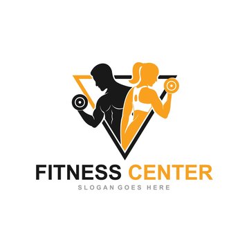 Fitness logo, Gym logo design template, with silhouettes of bodybuilders,  vector illustration
