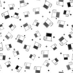 Black Measuring cup to measure dry and liquid food icon isolated seamless pattern on white background. Plastic graduated beaker with handle. Vector Illustration
