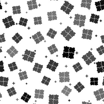 Black Piece of puzzle icon isolated seamless pattern on white background. Business, marketing, finance, template, layout, infographics, internet concept. Vector Illustration