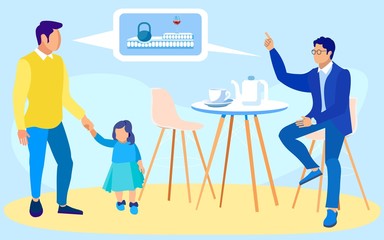 Young Father, Holding Hands with His Daughter, Toddler Girl, and Mattress Shop Assistant, Discussing Properties Item, Customer Has Chosen to Buy. Memory Foam and Water Repellent Cover.