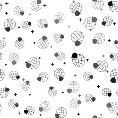 Black Shield with world globe icon isolated seamless pattern on white background. Security, safety, protection, privacy concept. Vector Illustration