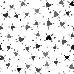 Black Heart with arrow icon isolated seamless pattern on white background. Happy Valentine's day. Cupid dart pierced to the heart. Love symbol. Amour symbol. Vector Illustration