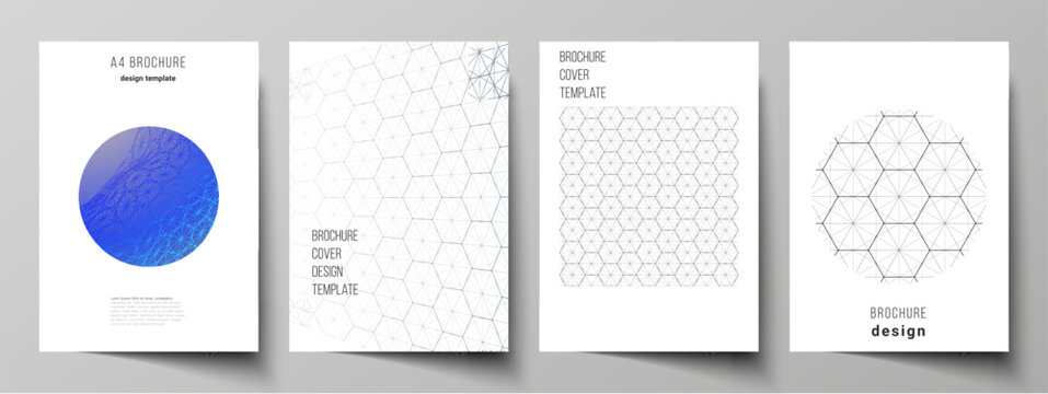Vector layout of A4 format cover mockups design templates for brochure, flyer. Digital technology and big data concept with hexagons, connecting dots and lines, polygonal science medical background.