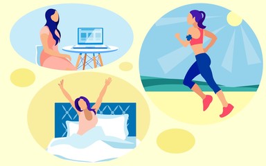 Young Modern Lady, Active Throughout Whole Day. Early Riser, She is Stretching Herself in Bed. Going for Jog in Park Nearby Every Morning. Vigorously Working from Nine till Five. Healthy Lifestyle.