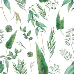 Flora wallpaper design. Hand drawn seamless pattern with greenery on white background. Repeating summer texture
