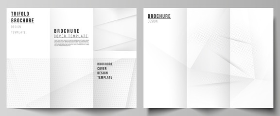 Vector layouts of covers design templates for trifold brochure, flyer layout, book design, brochure cover, advertising mockups. Halftone effect decoration with dots. Dotted pop art pattern decoration.