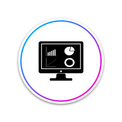 Black Computer monitor with graph chart icon isolated on white background. Report text file icon. Accounting sign. Audit, analysis, planning. Circle white button. Vector Illustration
