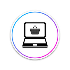 Black Shopping basket on screen laptop icon isolated on white background. Concept e-commerce, e-business, online business marketing. Circle white button. Vector Illustration