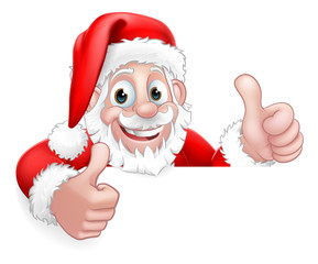 Santa Claus Christmas cartoon character peeking over a sign giving a double thumbs up.