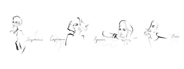 Set of zodiac signs symbols. Portraits of beautiful women. Hand-drawn and calligraphic elements. Vector