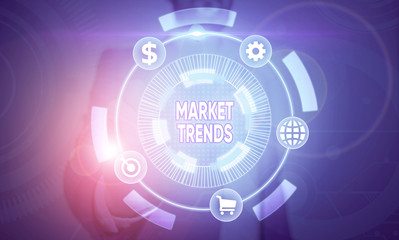 Writing note showing Market Trends. Business concept for Changes and developments in buying and...