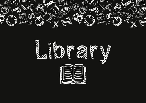 Chalk-style library screen saver. The name Library and the background of the letters are made with white strokes on a black background. Vector illustration for poster, banner or app design.
