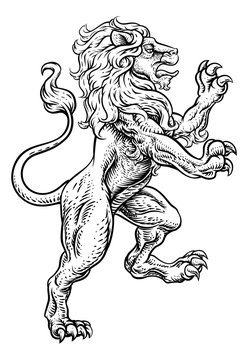A lion rearing rampant on its hind legs in a coat of arms crest woodcut style
