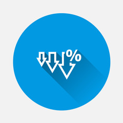 Vector icon down arrow and percentage sign icon on blue background. Flat image with long shadow.