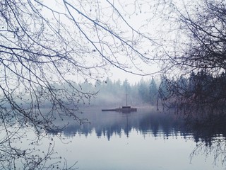 A reflection foggy scene of Lost Lagoon with forest on the background in Stanley Park, British Columbia, Canada
